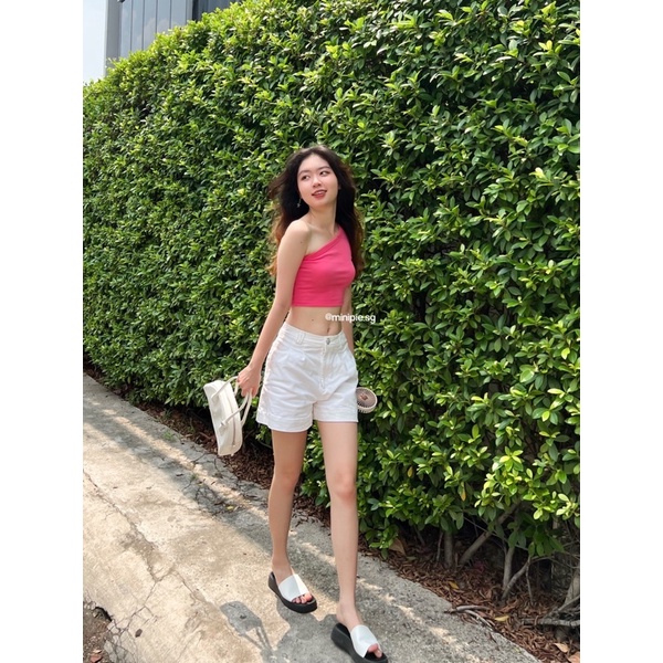Áo Croptop Lệch Vai Kiểu Ôm Co Dãn Màu Hồng Hot Pink Mùa Hè