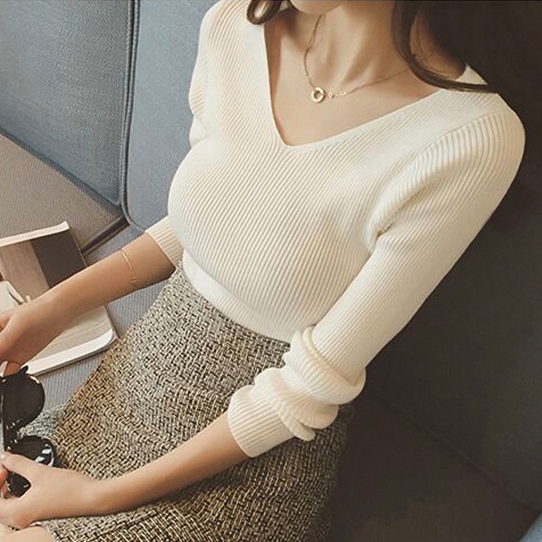 Áo Dệt Kim Tay Dài Cổ Chữ V Dáng Ôm Phong Cách Thời Trang Mới