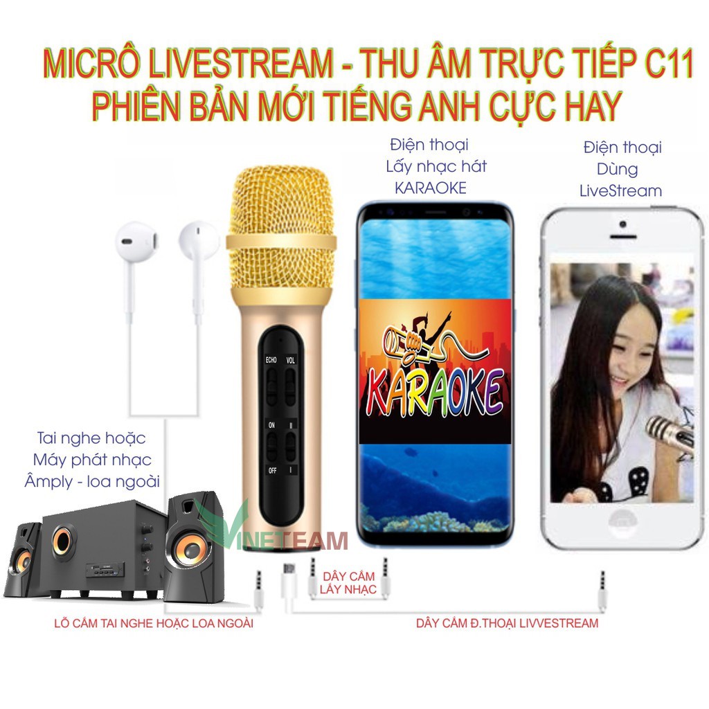 Bộ micro thu âm karaoke livestream C11 Kèm đầy đủ phụ kiện ✔Hát karaoke livetream ✔Phiên bản tiếng Anh ✔Bảo hành 6 tháng