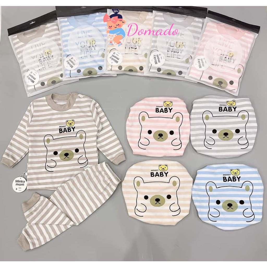 Bộ quần áo dài tay thu đông cho bé trai bé gái chất cotton nỉ in hình gấu dài ấm DOMADO BDT09