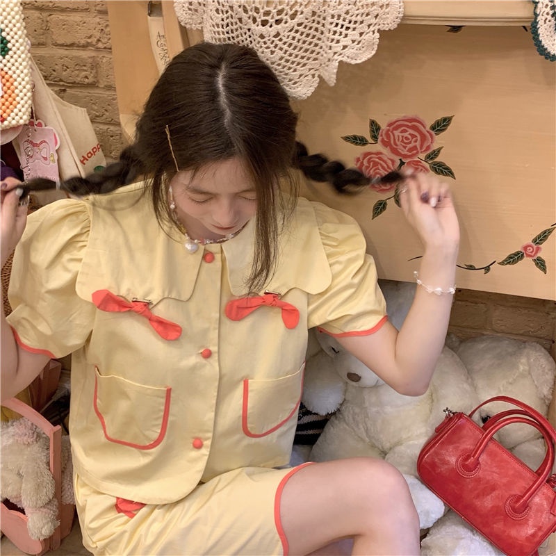 Set Áo Sơ Mi Cổ Búp Bê Thắt Nơ + Chân Váy Lưng Cao Phong Cách Nhật Bản Thời Trang Cho Nữ