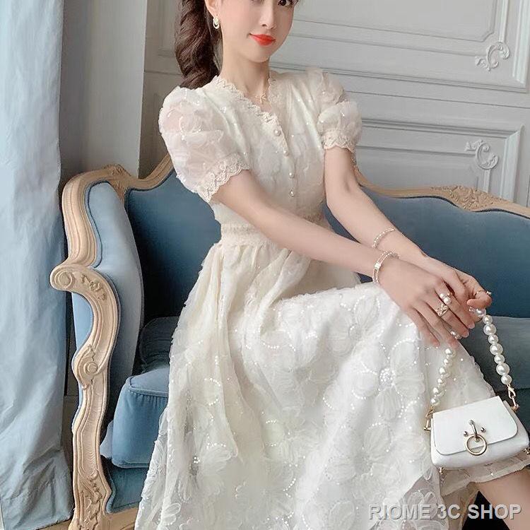 【Nước hoa miễn phí】Đầm ren trắng dáng dài cổ chữ V chiết eo nữ tính thanh lịch