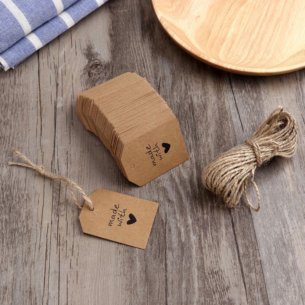 Set 100 Thẻ Giấy Kraft In Chữ Made with Love Phong Cách Vintage Thời Trang
