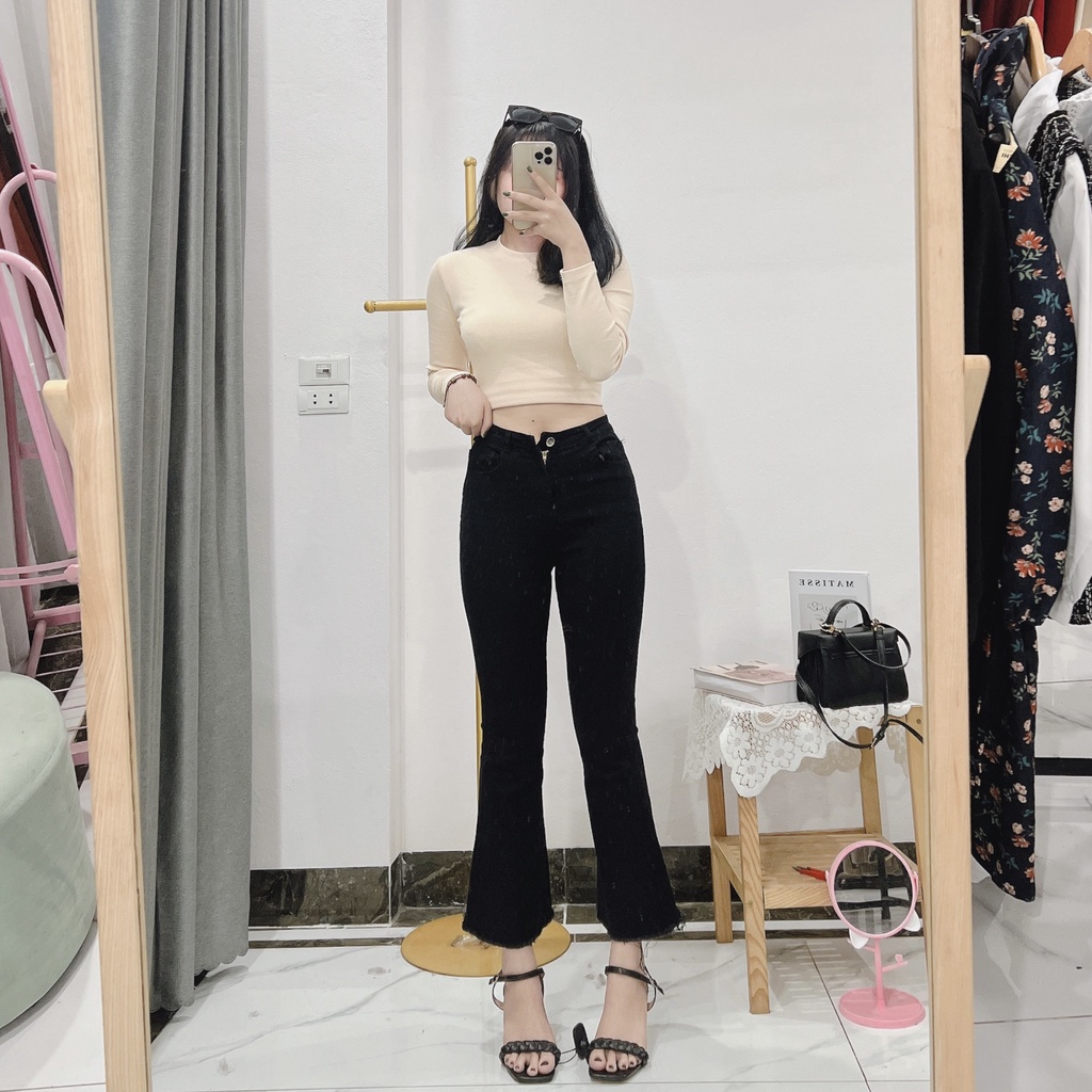 Quần jean loe trơn chất co dãn thoải mái quần cạp cao cực tôn dáng