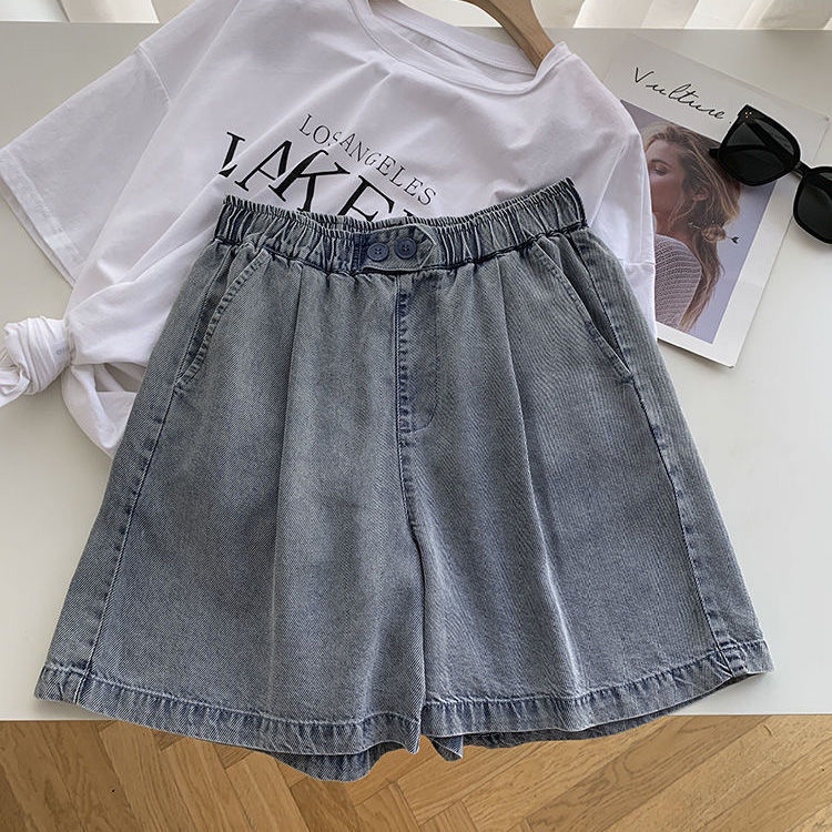Quần short denim lưng cao ống rộng mềm mại thời trang cho nữ