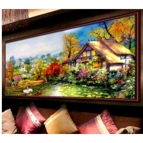 [ Sale sốc] Tranh thêu chữ thập ngôi nhà hạnh phúc tuyệt đẹp kt 197x120cm