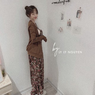 Set váy 2s hoa nhung tăm & khoác cardigan