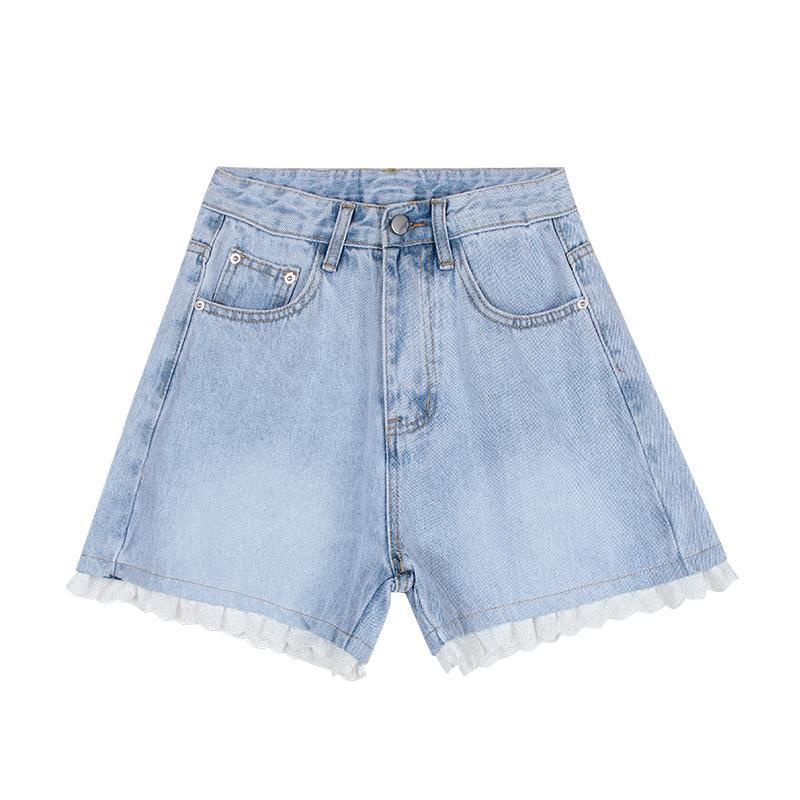 Quần Short Jeans Lưng Cao Ống Rộng Viền Ren Mới Cho Nữ