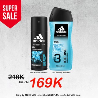 Combo 2 chai : Xịt khử mùi toàn thân 150ml + Sữa tắm gội toàn thân 250ml - Nam Adidas - Ice Dive