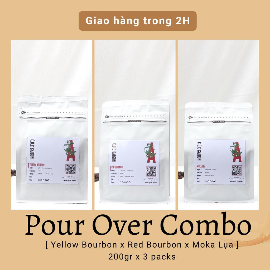 Combo cà phê pha pour over cafe drip 600gr Moka Cầu Đất, Red Bourbon, Yellow Bourbon C.O.C Saigon