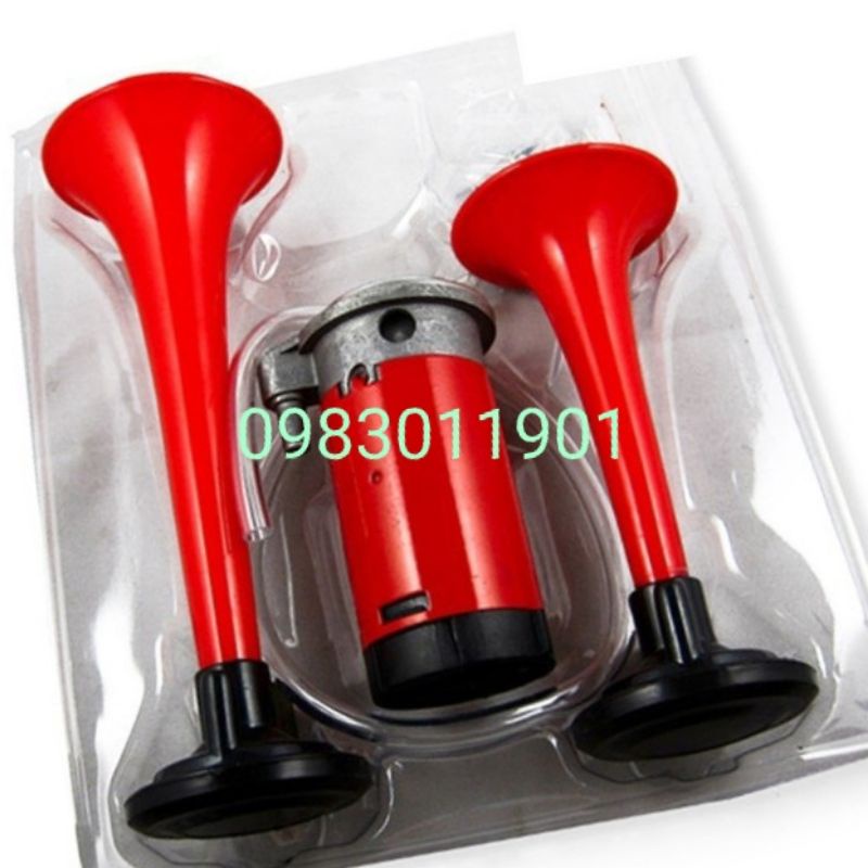 Còi hơi, kèn sinh hơi 2 loa đỏ, còi tạo hơi cho xe không có bình hơi điện 12v và 24v