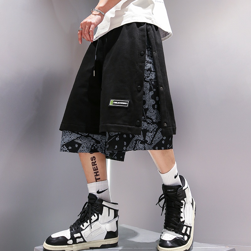Thời trang Phong cách Hip Hop Đàn ông Đường phố Quần short giả hai nút màu đen và trắng