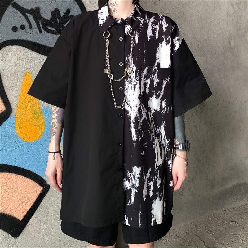 (A110) áo sơ mi ngắn tay unisex phối xích phong cách Nhật Bản (ảnh thật cuối)