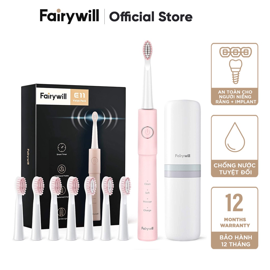 Bàn chải điện Fairywill E11 + 8 Đầu bàn chải + Hộp du lịch - 5 Chế độ Đánh răng và Làm trắng [12 tháng 1 đổi 1]