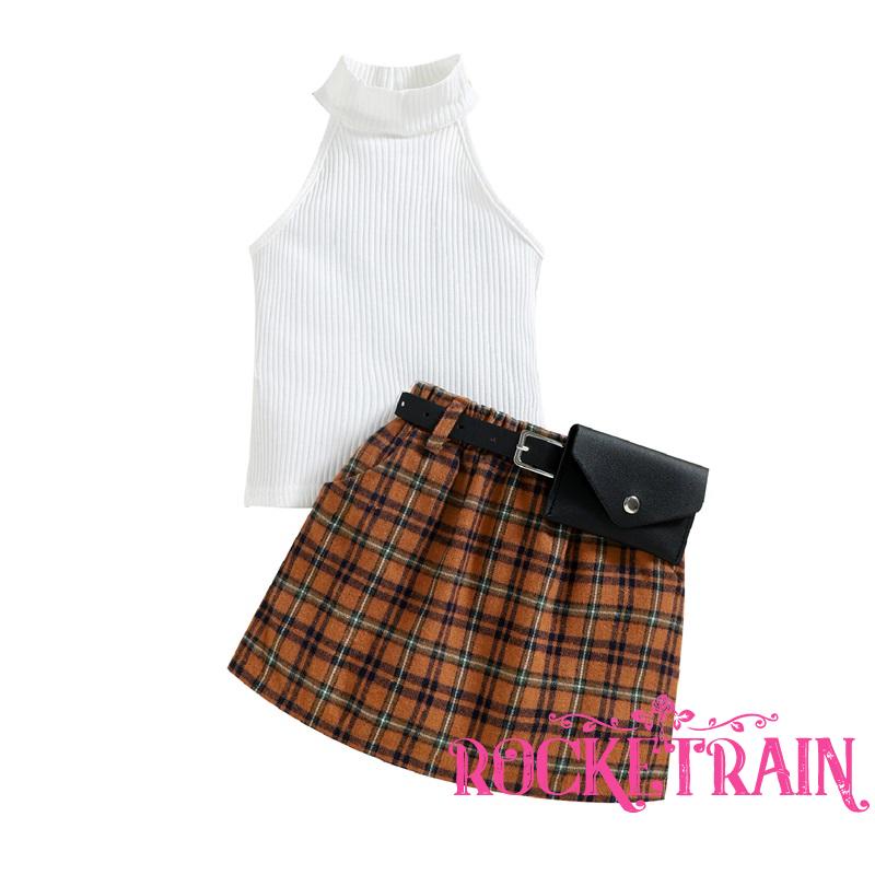 ♧Uw♔Bộ Áo Tank Top Hai Dây + Chân Váy Sọc Caro Thời Trang Mùa Hè Cho Bé Gái