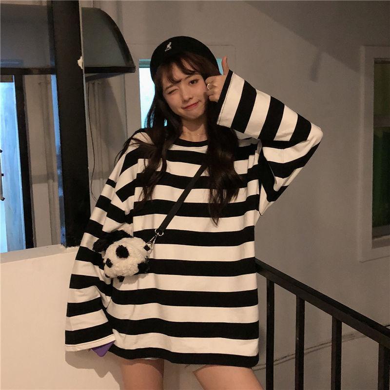 Áo thun tay dài cổ tròn họa tiết kẻ sọc thời trang Hàn Quốc