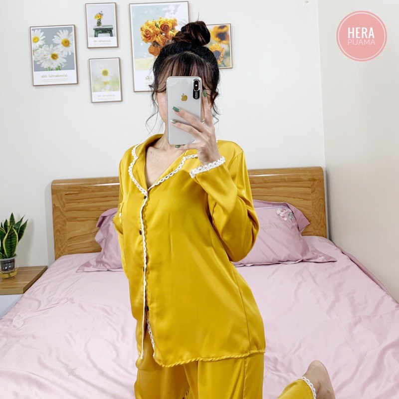 Đồ Bộ Cát Hàn, Đồ Pijama Lụa Ngọc Trai Cao Cấp Áo Dài Tay Phối Ren - Hera Pijama