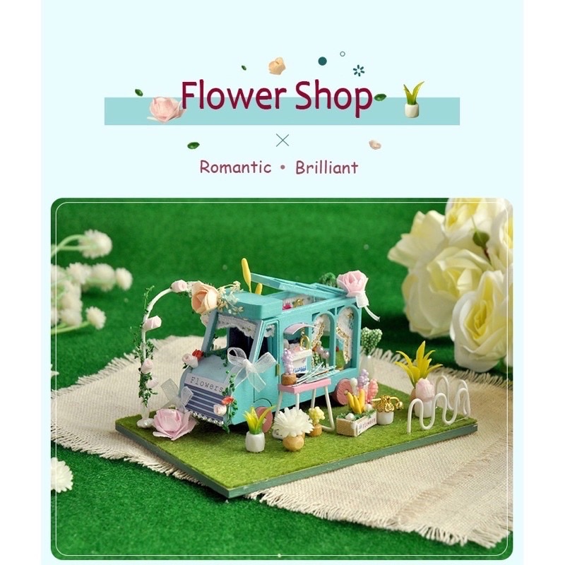 (Tặng mica,keo sữa,đèn)Mô hình nhà đô chơi bé lắp ráp tiệm bán hoa diy doll house bằng gỗ TC86