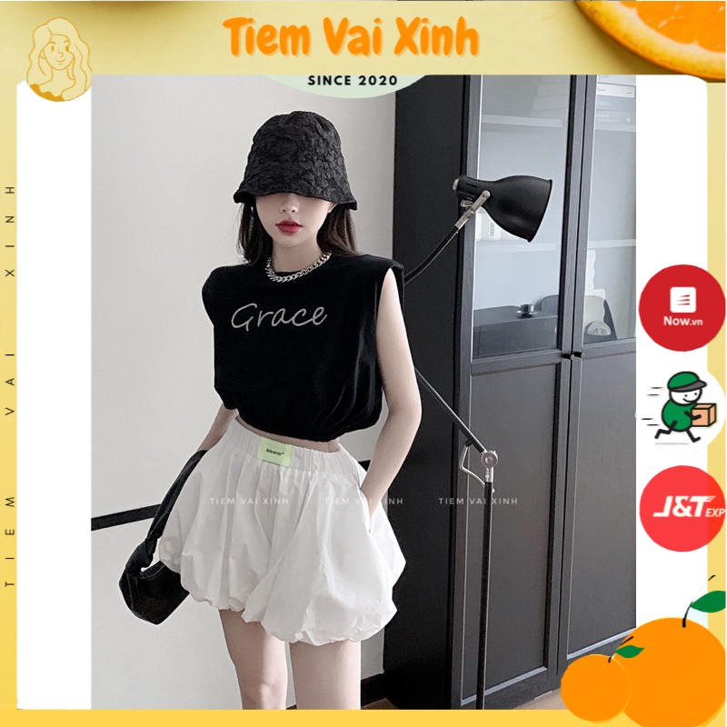 Áo Thun Croptop [Tiệm Vải Xinh] Set Áo Thun Croptop Đệm Vai Mix Quần Đùi Ống Rộng - Hàng Quảng Châu Cao Cấp