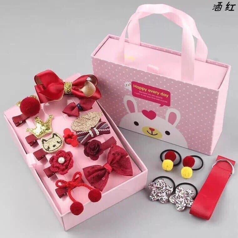 Hộp kẹp nơ tóc 18 chi tiết cho bé, nơ buộc tóc