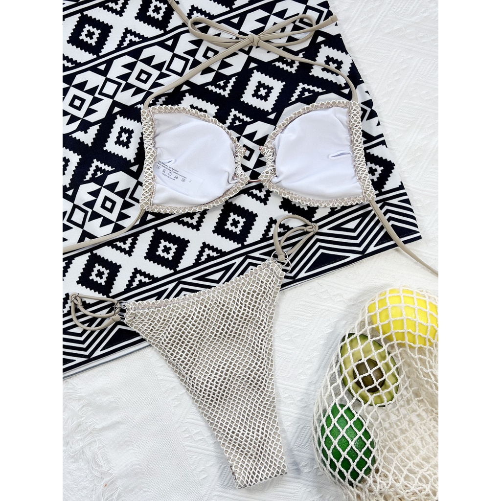Bikini Âu Mỹ 2 mảnh sexy màu trắng lưới siêu đẹp cột thắt eo mẫu mới hàng Quảng Châu cao cấp