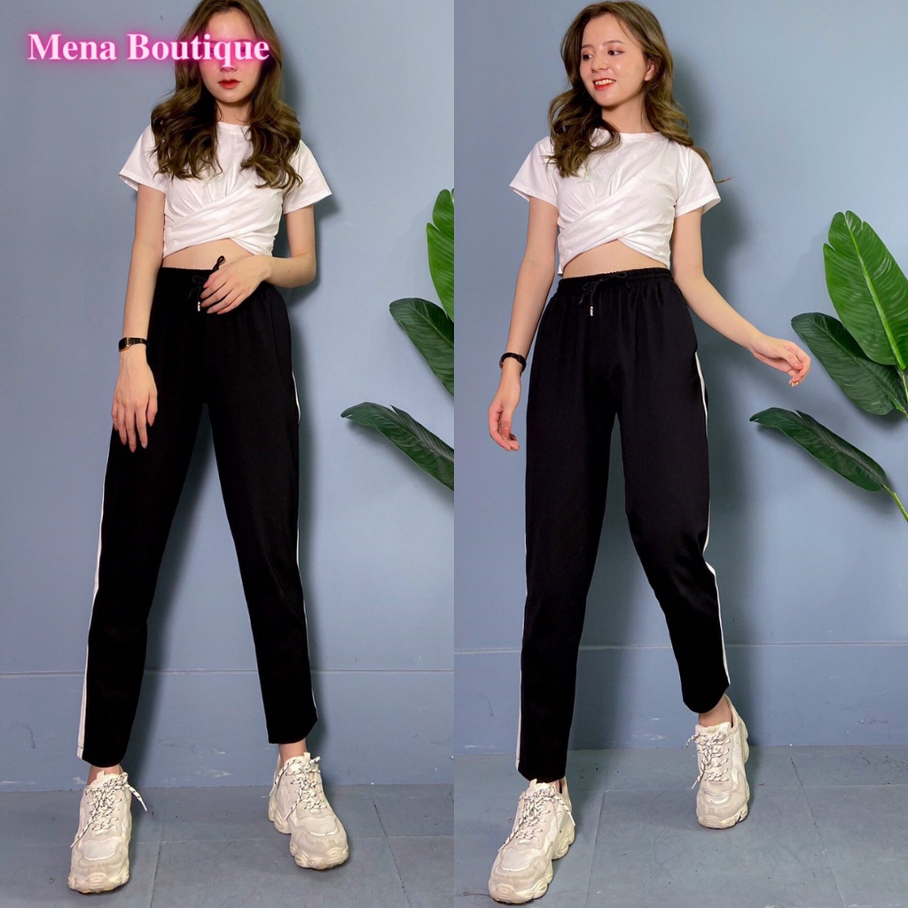 Quần Thể Thao Sọc MENA Boutique Cạp Chun Lưng Cao Phối 1 Sọc Chất Liệu Umi Hàn Kèm Dải Rút