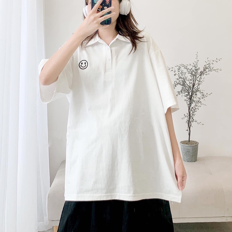 Áo thun polo cổ bẻ thêu mặt cười dáng suông nam nữ | BigBuy360 - bigbuy360.vn