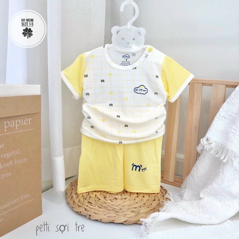 Bộ quần áo cộc tay mùa hè cổ chui cúc vai vải thun lạnh mỏng mát Hi Mom bé trai bé gái 5-14kg