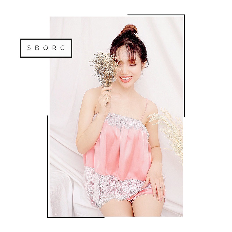 Đồ ngủ 2 dây SBORG bộ lụa satin trơn mặc nhà áo viền ren cute quần đùi sexy freesize dưới 56kg  quà tặng vợ