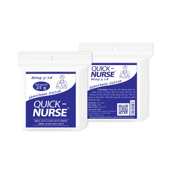 Bông gòn tiệt trùng y tế Quick Nurse thấm nước 25g / 100g - Vệ sinh, lau máu, dịch vết thương, mổ, phẫu thuật, thẩm mỹ