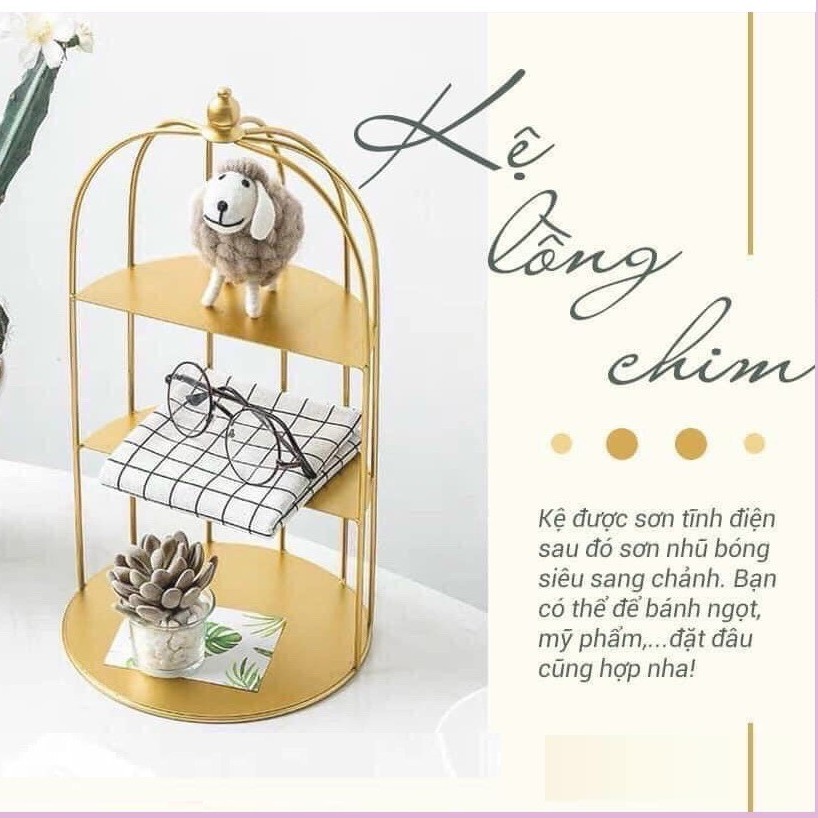 Kệ mỹ phẩm lồng chim 3 tầng đựng đa năng để nước hoa, trang sức, decor trang trí nội thất phòng ngủ - màu vàng