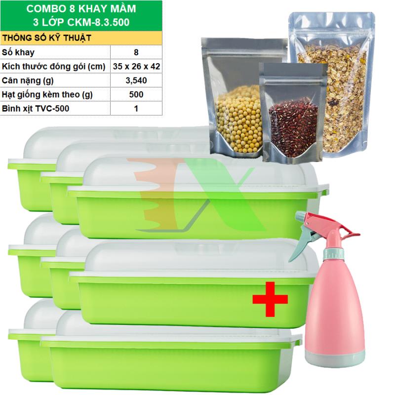 Combo Khay trồng Rau mầm Thủy canh 3 lớp CKM, Kèm Hạt giống, Bình xịt