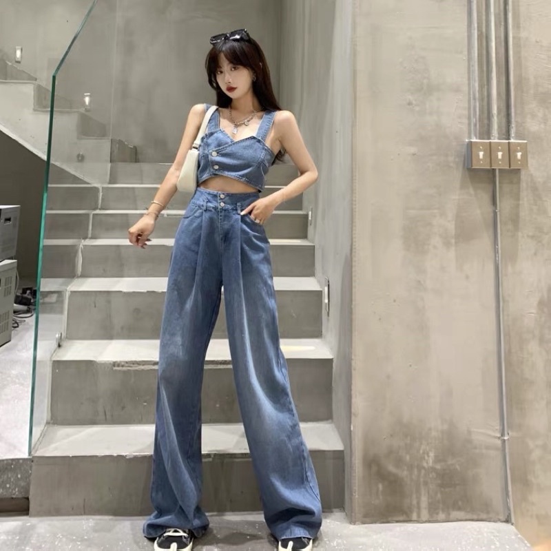 Áo bò croptop 2 dây + quần bò jean dài ống rộng ( có ảnh thật ) #DHN240