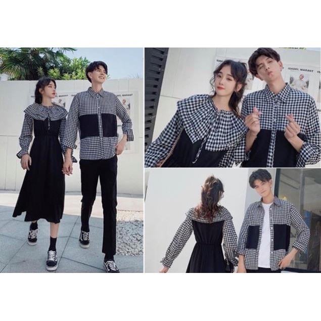 Đồ đôi nam nữ váy caro đen trắng tay dài xinh xắn kết hợp sơ mi nam