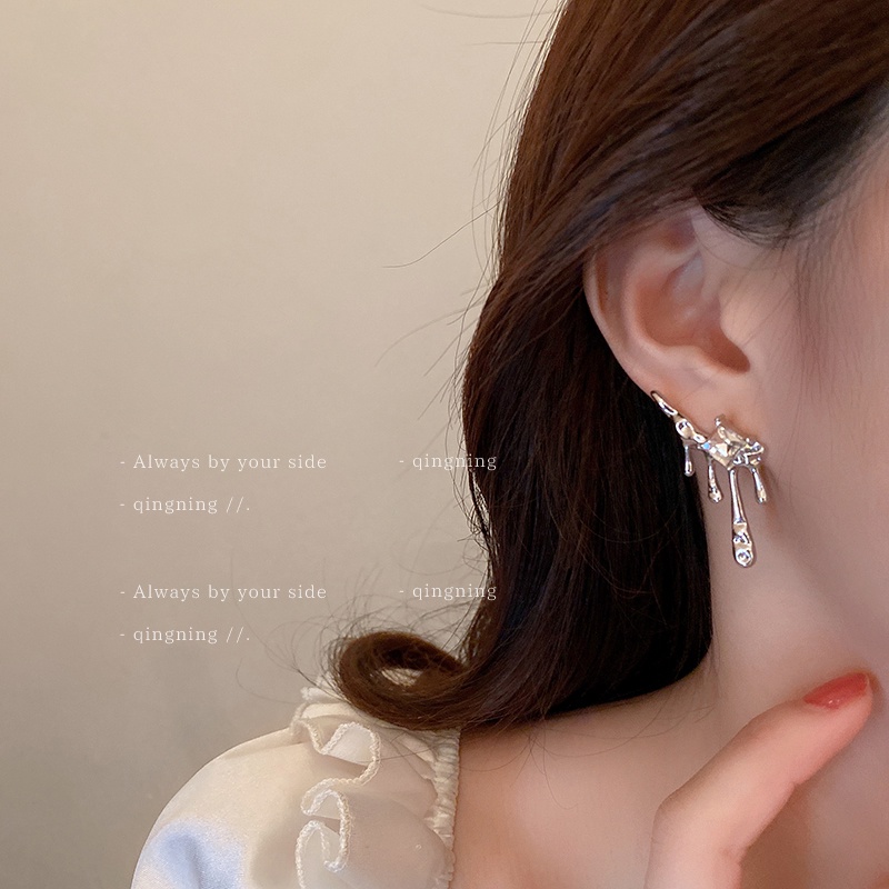 DREJEW Khuyên tai kim loại đính đá kim cương bất đối xứng phong cách thời trang Hàn Quốc cá tính cho nữ
