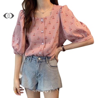Áo Sơ Mi Tay Phồng Cổ Vuông In Họa Tiết Quả Cherry Thời Trang Mùa Hè Xinh Xắn Cho Nữ