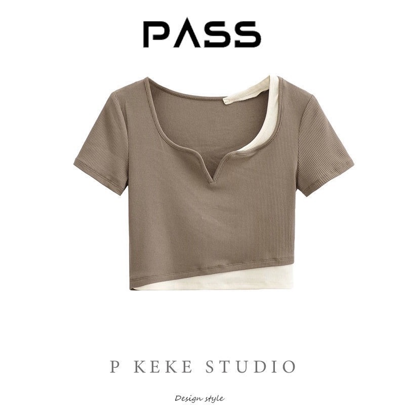 Áo Thun Croptop Ngắn Tay Giả Hai Lớp Thiết Kế Thời Trang Cho Nữ