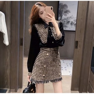 Sét dạ áo nhung kèm chân váy dạ phong cách cổ điển
