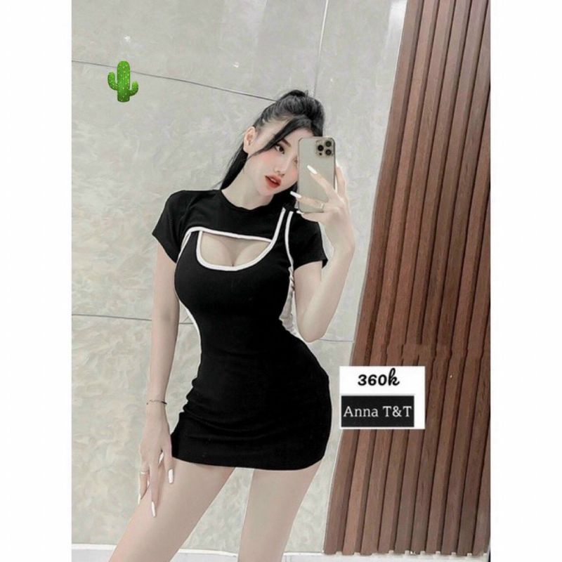 Đầm body phối viền nổi ngắn tay khoét ngực