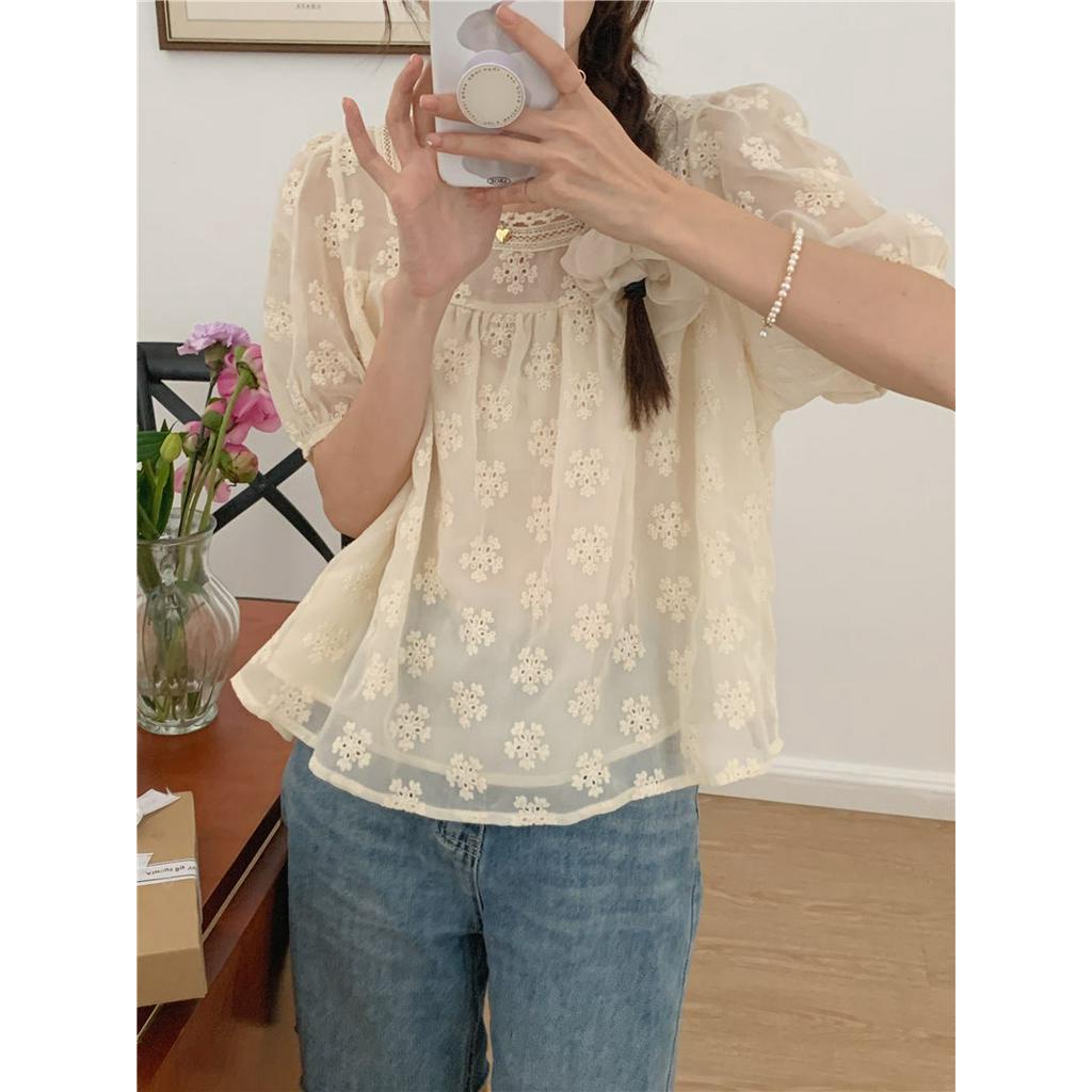 Áo Chiffon Cổ Vuông Tay Ngắn Phối Ren Thêu Họa Tiết Tinh Tế Phong Cách Hàn Quốc Thời Trang Mới 52705