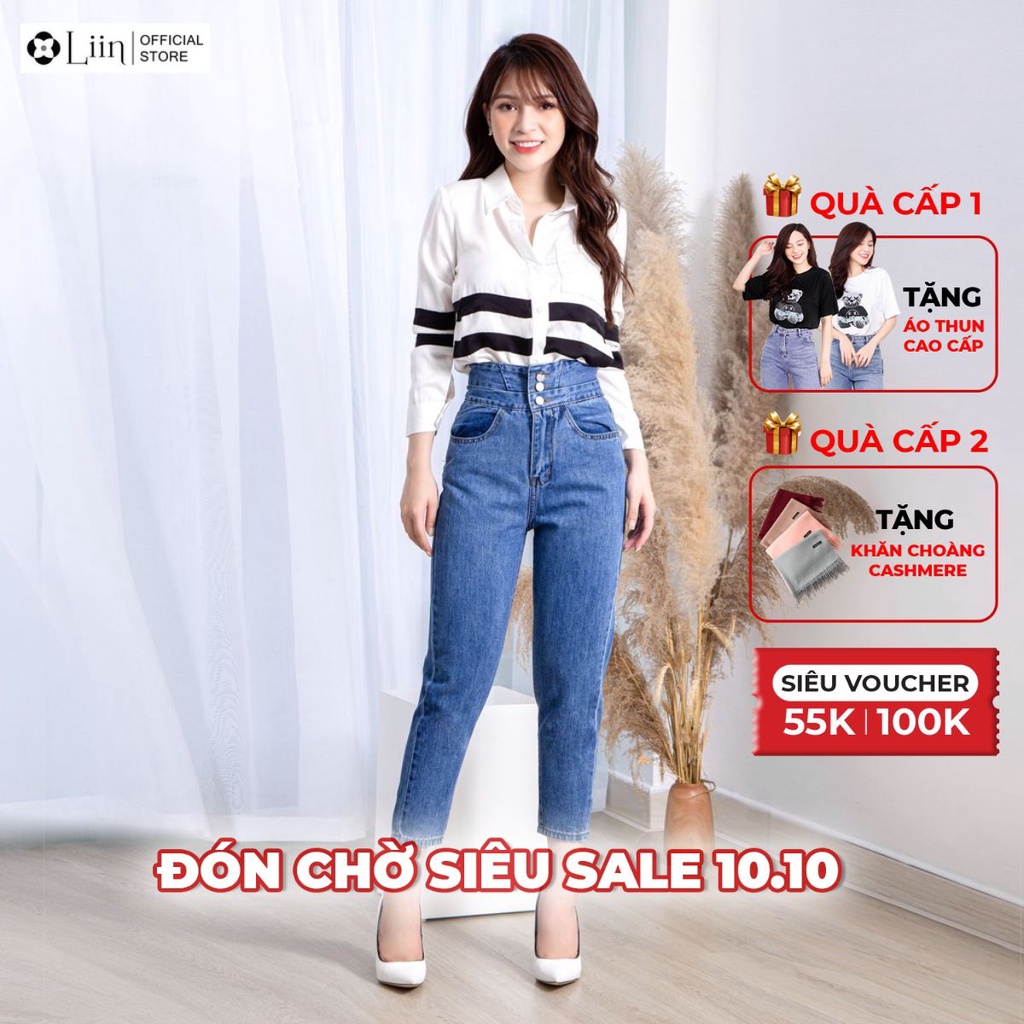 Quần jean Linbi xanh nữ Linbi màu xanh nhạt, thiết kế cạp rộng ôm dáng Q3462