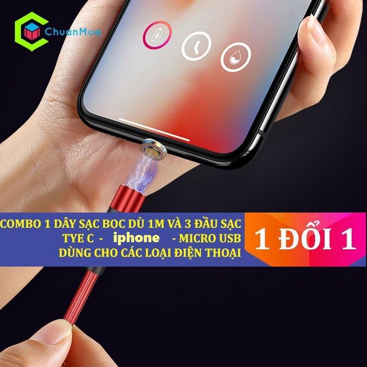 Cáp sạc từ hút nam châm đầu Android và iPhone 360 độ dây dù