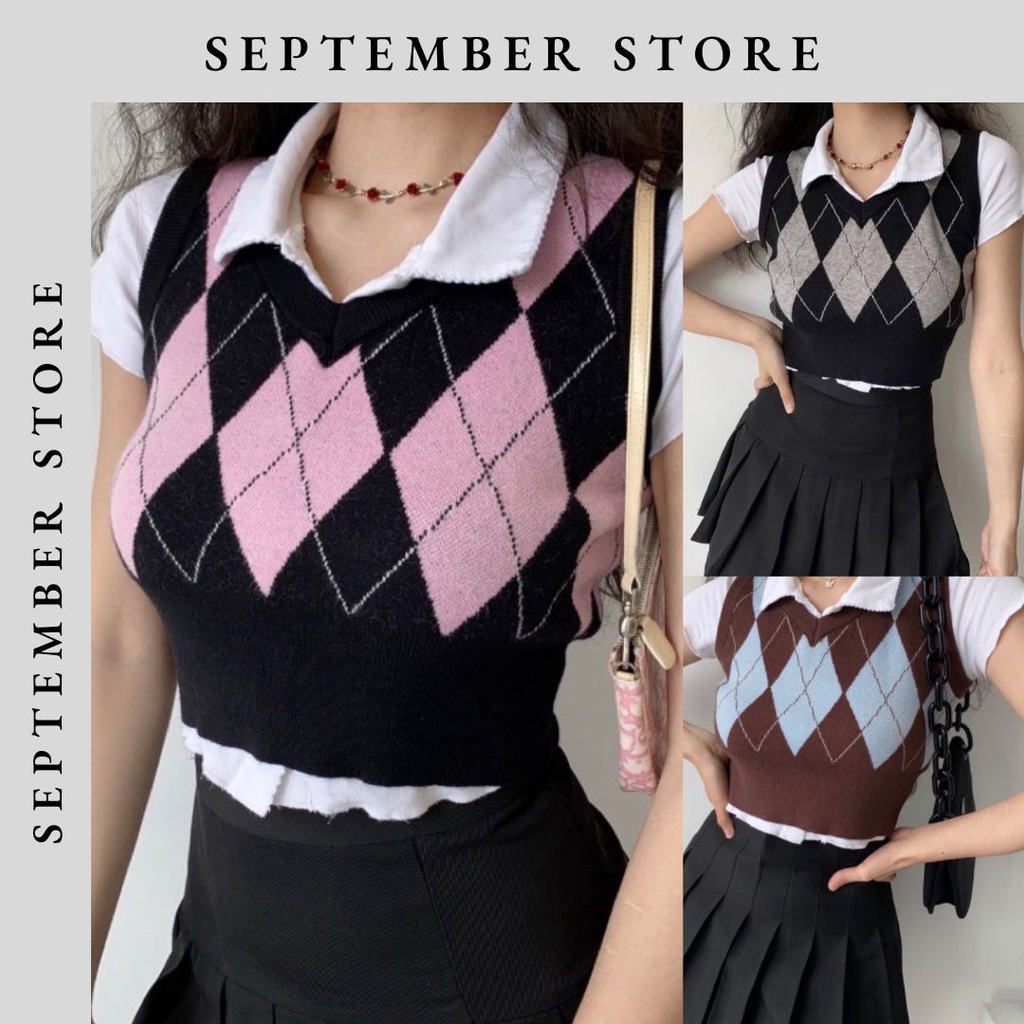 Áo gile kẻ trám dáng croptop ( có ảnh thật shop chụp)