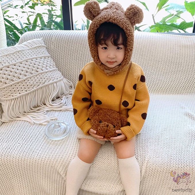 Túi đeo vai bằng lông cừu thiết kế hình gấu hoạt họa phong cách Hàn Quốc đáng yêu cho bé