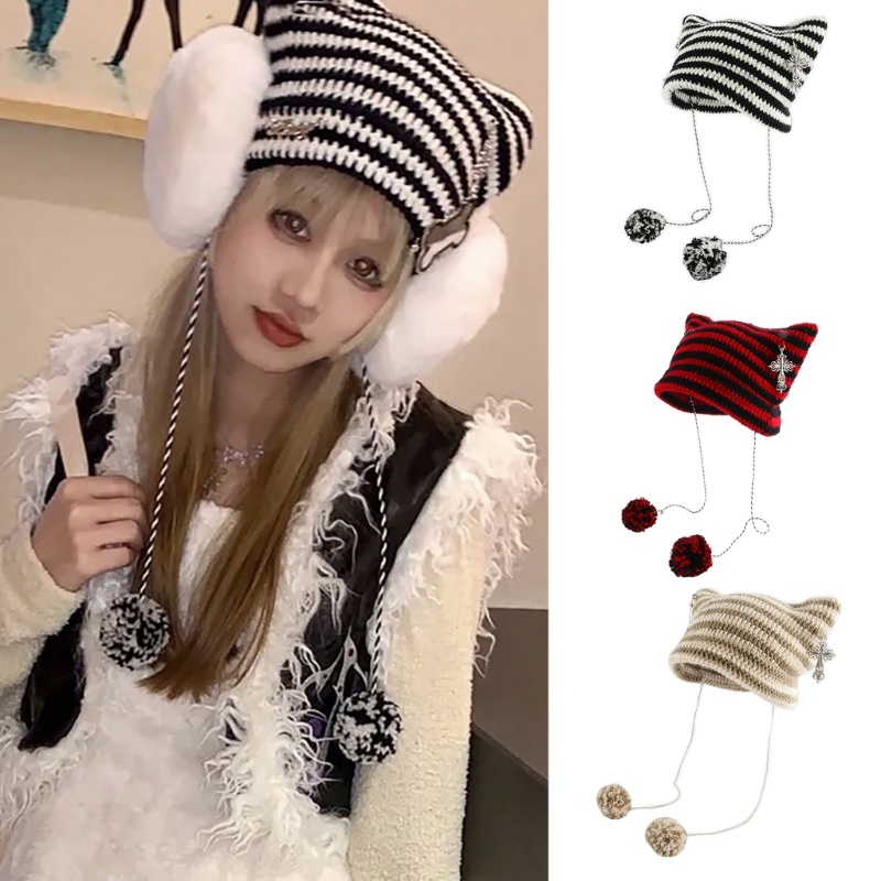 Xiangbao Mũ Beanie Dệt Kim Đính Tai Mèo Nhỏ Xinh Xắn