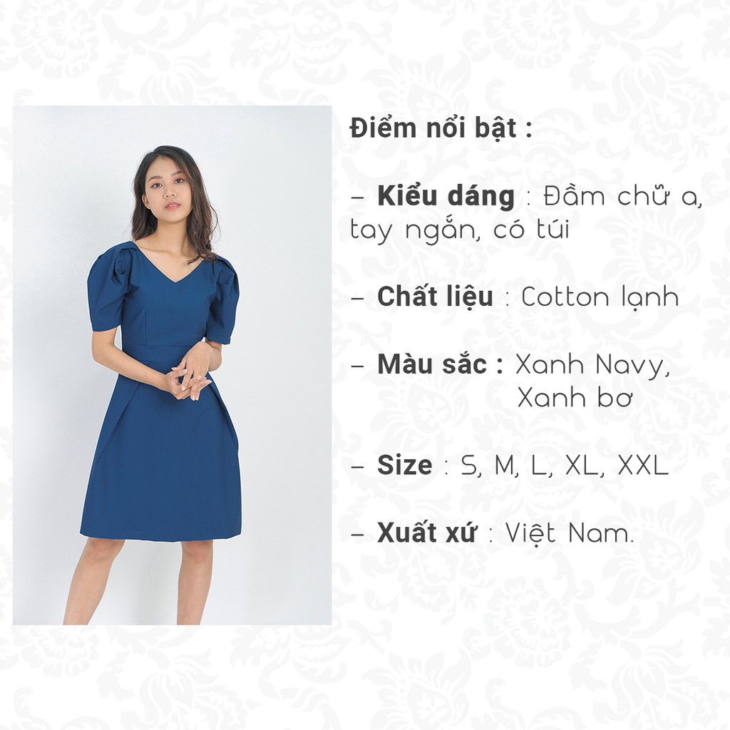 Đầm công sở thời trang eden dáng chữ a cổ tim tay phồng - D405