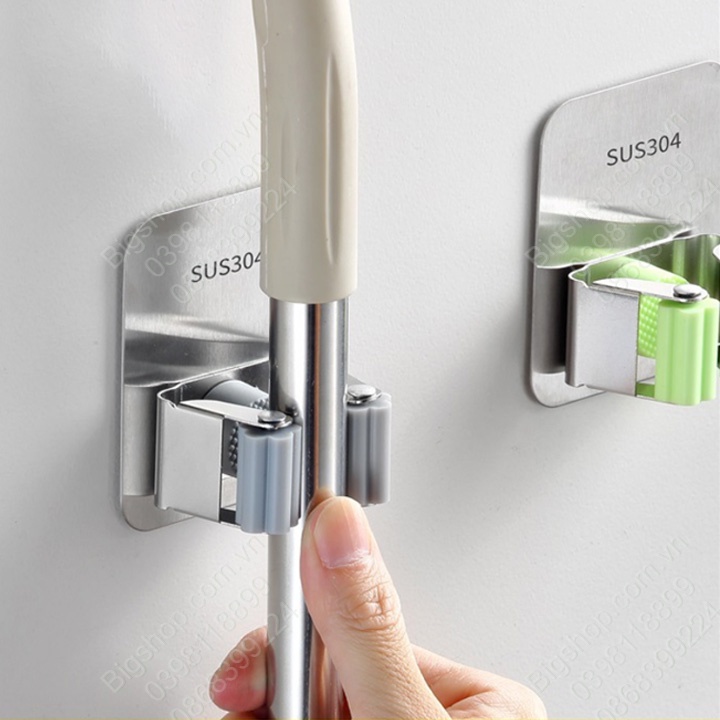 Móc kẹp giữ chổi đa năng bằng inox 304, loại đơn bản lớn, dán tường bằng keo dán kèm theo