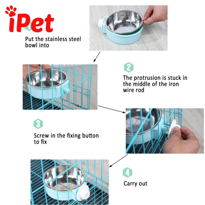Bát Ăn Inox Gắn Chuồng Lồng Cho Chó Mèo 2 Lớp Tháo Rời - iPet Shop