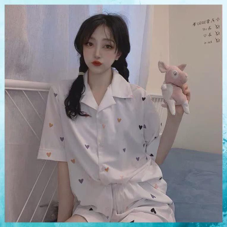 [FreeShip] Bộ PIJAMA Lụa Cao Cấp, Bộ Đồ Ngủ Nữ Trái Tim, Quần Áo Ngủ Nữ Đẹp Form Rộng