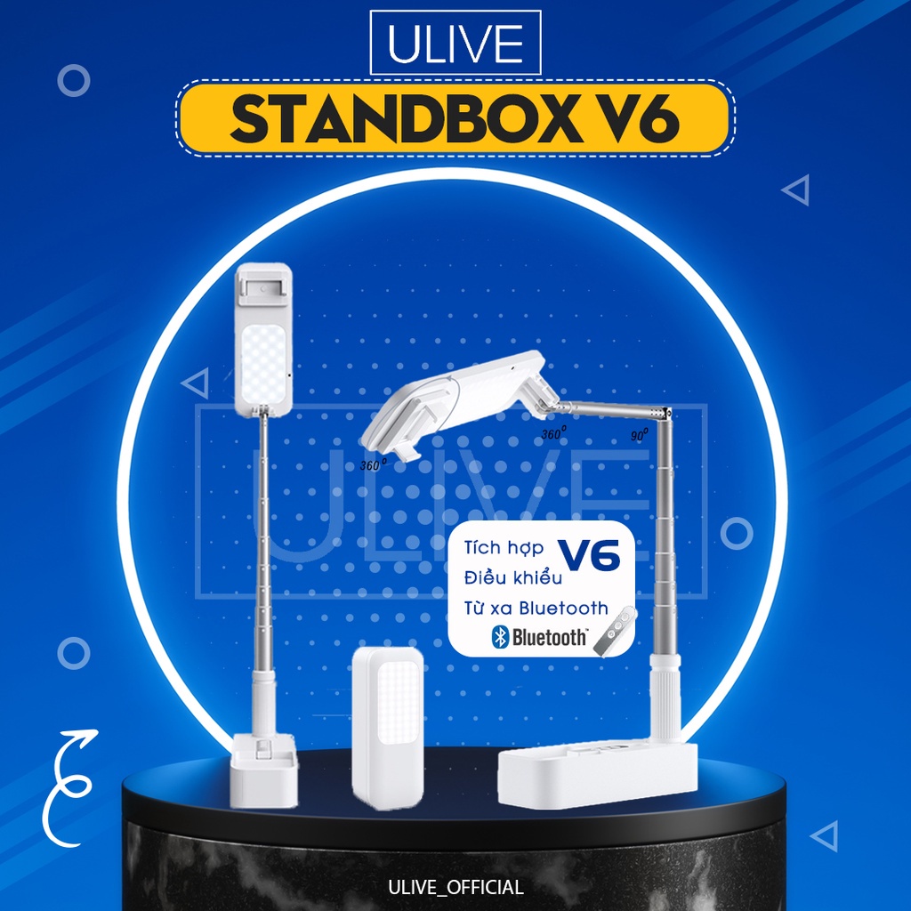 Đèn Livestream Standbox V6 có tay đỡ nằm ngang gập gọn đa năng xoay 360 độ, điều khiển chụp ảnh từ xa